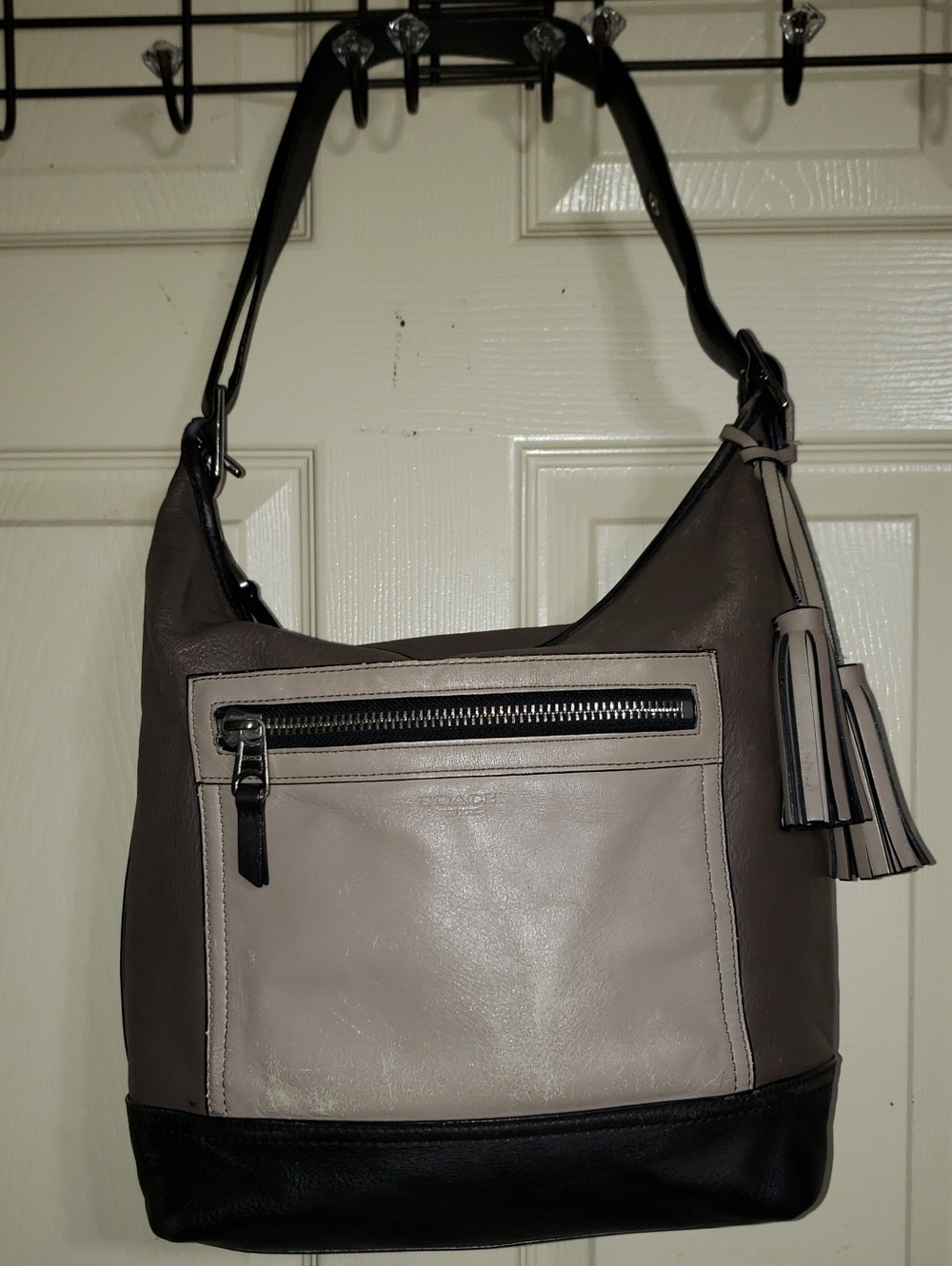 💘🖤Coach Legacy 19979 Colorblock Leather Duffle Shoulder Bag Black Gray Tan